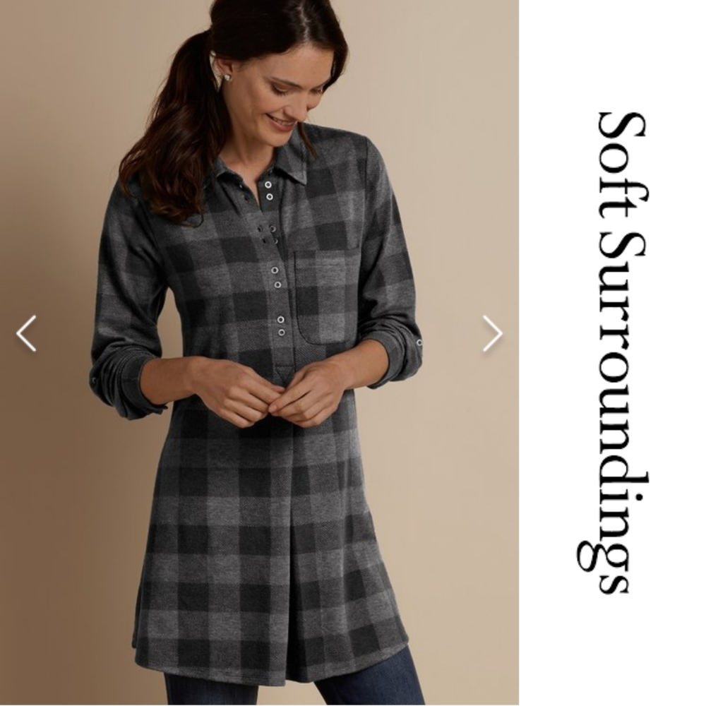 Soft Surroundings mad about plaid tunic flannel shirt petite XS black & gray